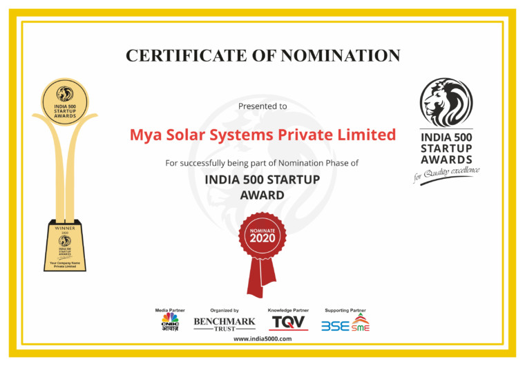 India 5000 Quality MSME Award Certificate for MYA Solar Systems