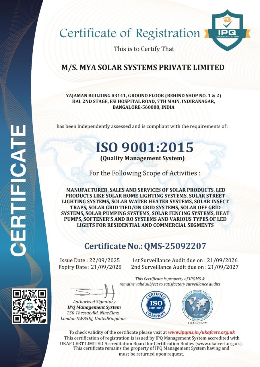 ISO 9001:2015 Quality Management System Certificate for MYA Solar Systems