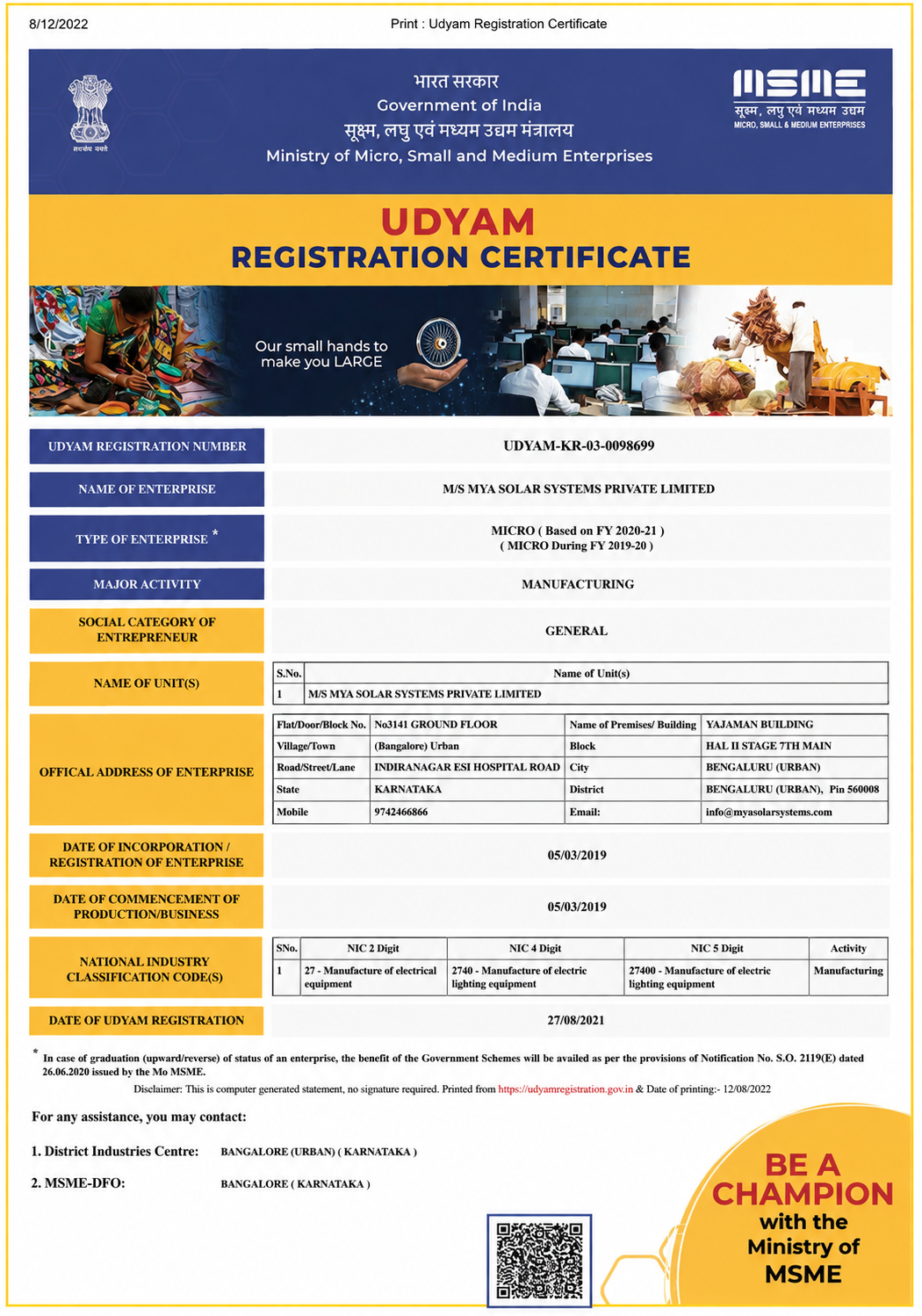 Udyam Registration Certificate for MYA Solar Systems Pvt Ltd